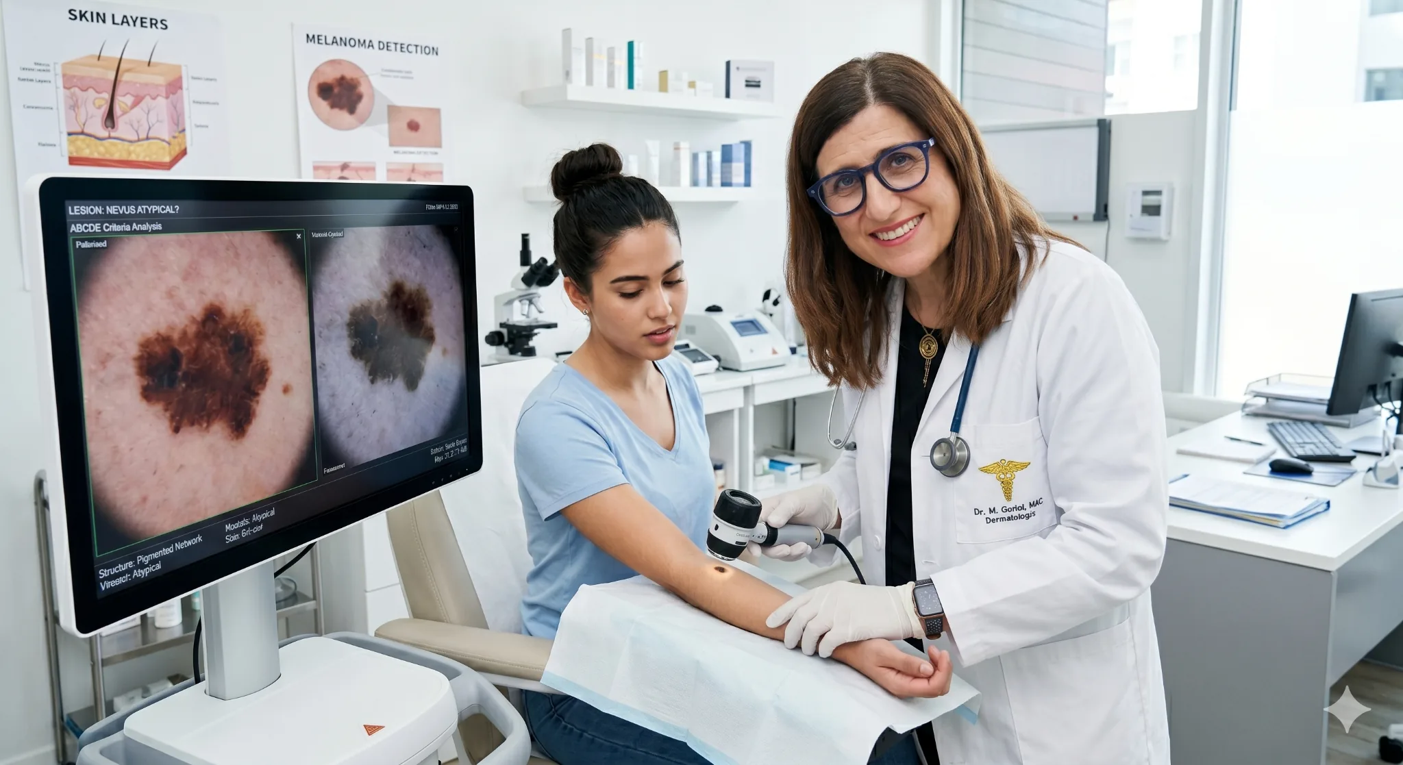 Dra. Carmen García-Donoso realizando una revisión de lunar con dermatoscopia en consulta de dermatología, Quantum Pío XII Madrid